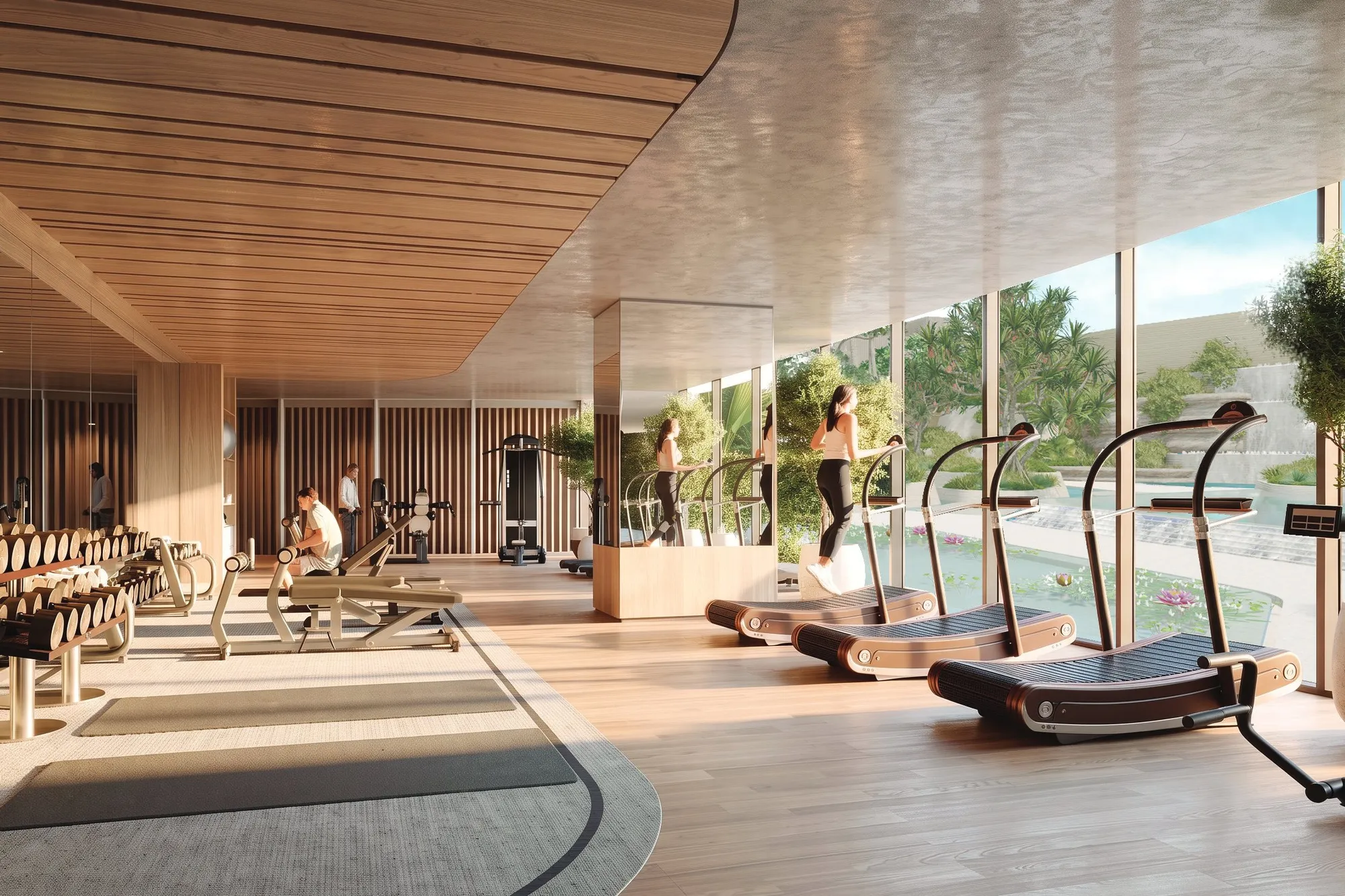 Glass-walled gym with treadmills and wood ceiling overlooking the gardens